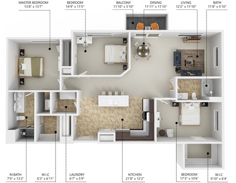 Floor plan for 3 beds, 2 baths, 1360 sqft
